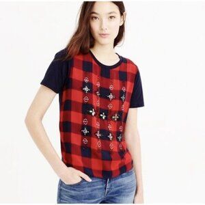 J Crew Womens Sz S Beaded Buffalo Plaid Print T-Shirt Top Blouse Red Navy Blue